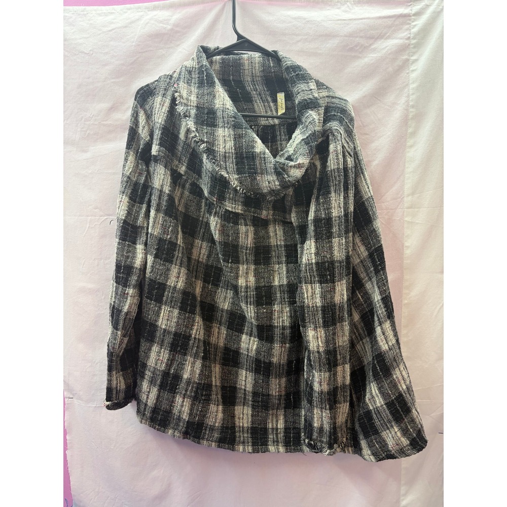 Free People Plaid Cowl Neck Tunic Top Black White Textured Fringe Boho Large